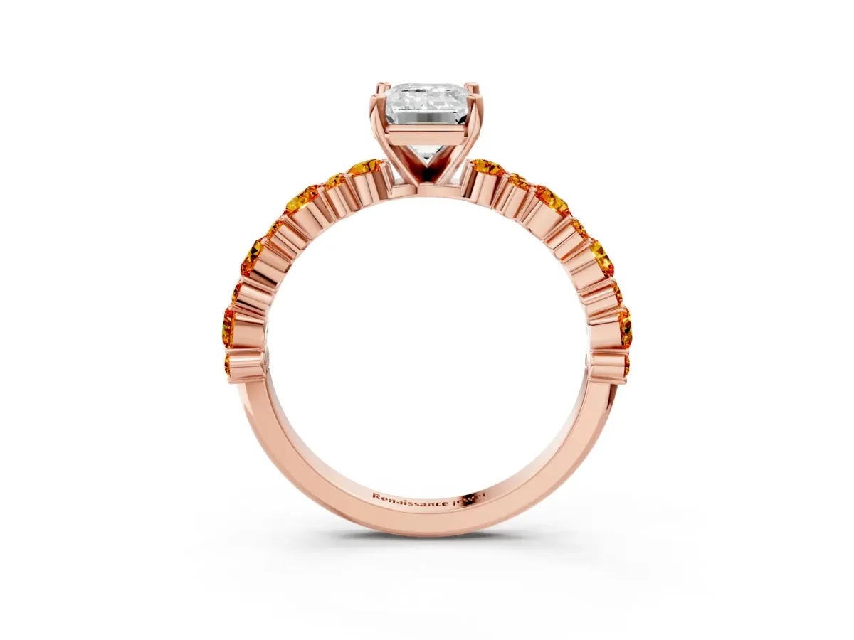 Emerald Cut Diamond Side Stone Solitaire Ring with Round Citrine and Four-Prong Setting Rose gold