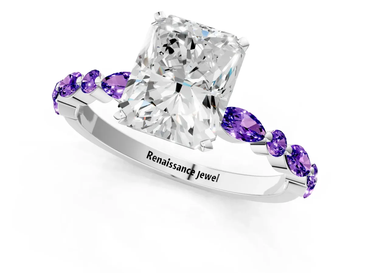 Radiant Cut Diamond Ring with Marquise and Round Tanzanite Side Stones and Four-Prong Setting Silver