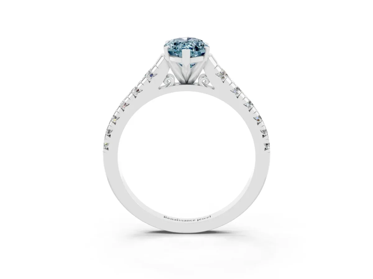 Marquise Cut Aquamarine Cathedral Solitaire Ring with Round Pavé Band Silver