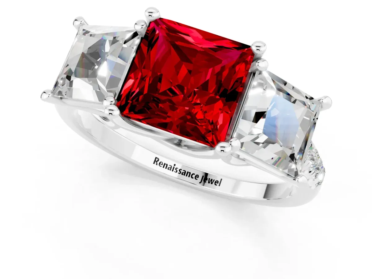 Three-Stone Princess Cut Ruby Ring with Round Pavé Band and Prong Setting Silver