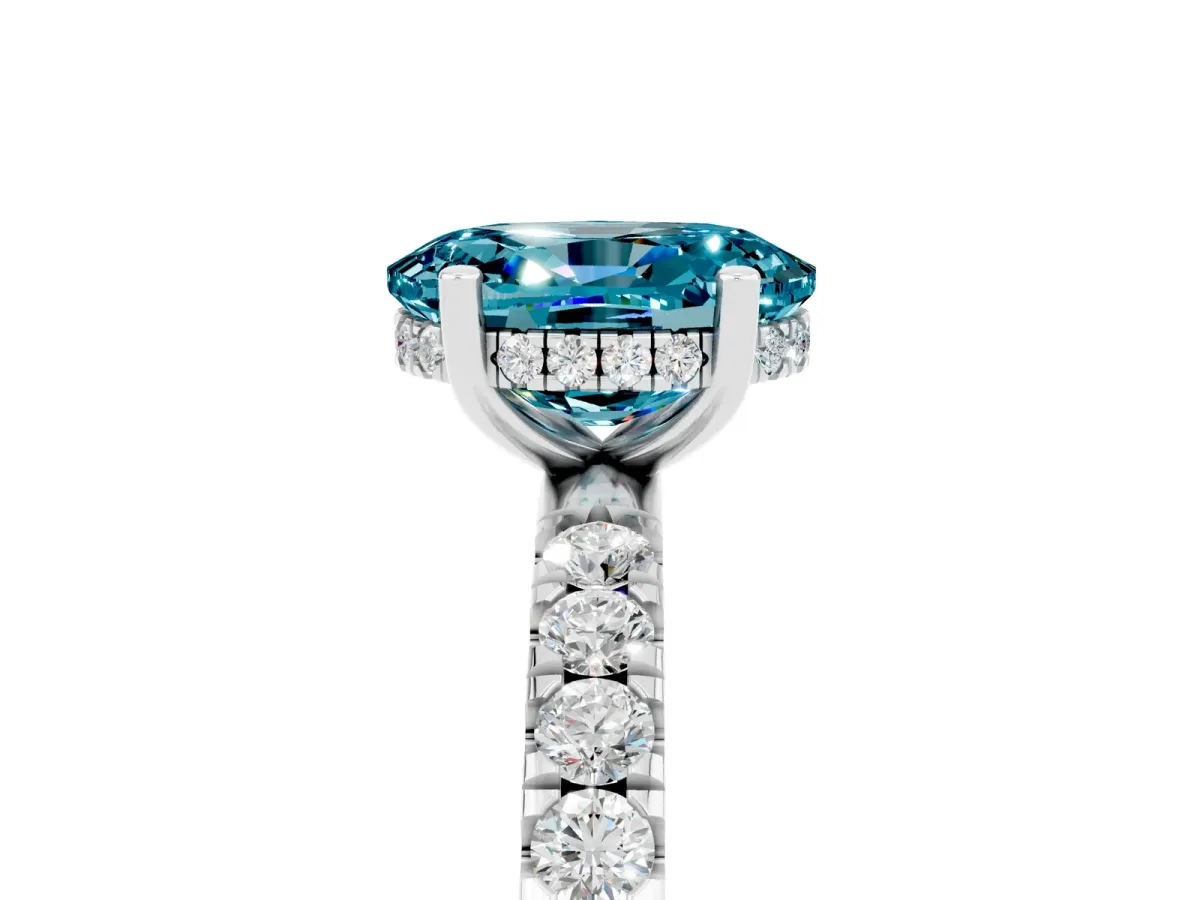Oval Cut Blue Topaz Pave Band Solitaire Ring with Round and Prong Setting Platinum