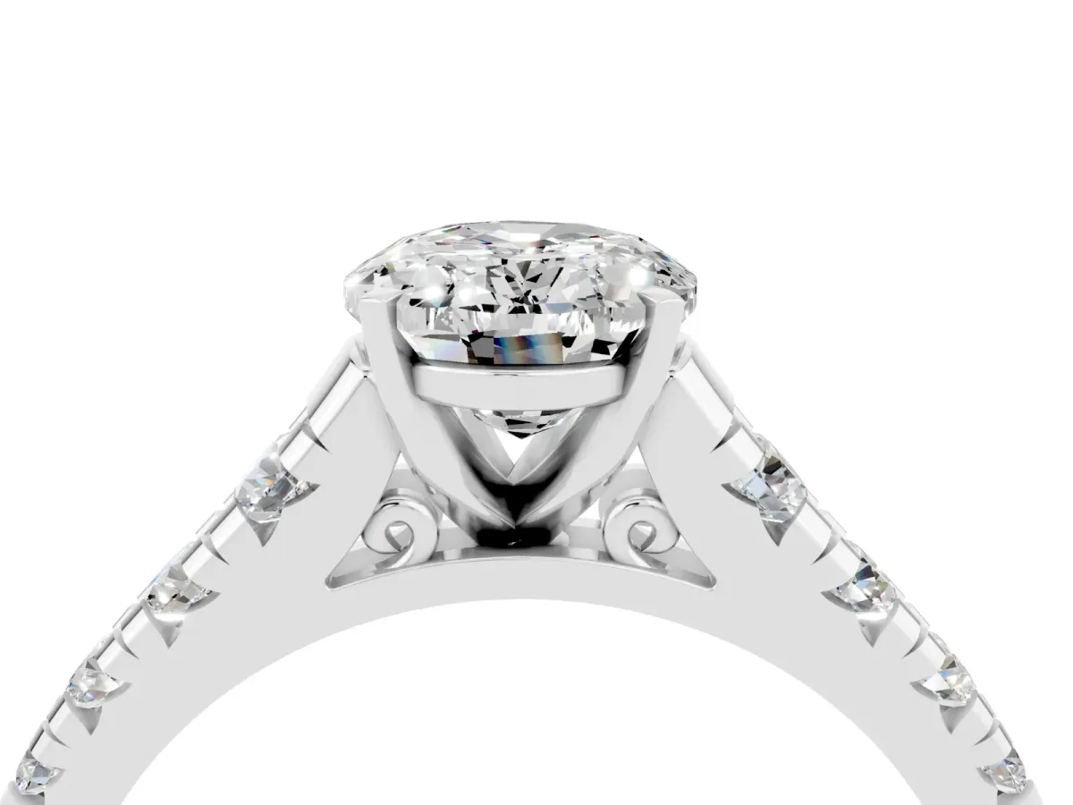 Oval Cut Moissanite Cathedral Solitaire Ring with Round Pavé Band Platinum