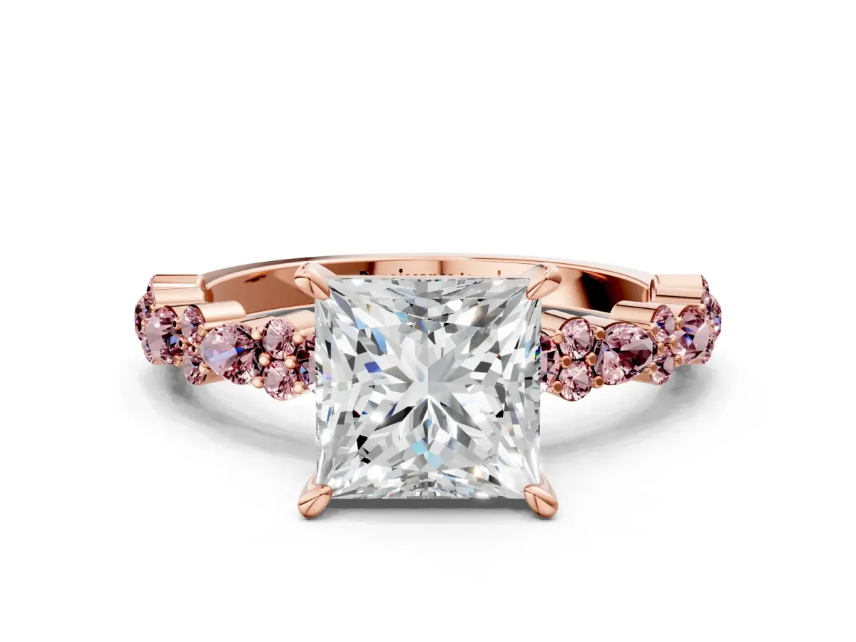 Princess Cut Diamond Side Stone Solitaire Ring with Round Morganite and Four-Prong Setting Rose gold