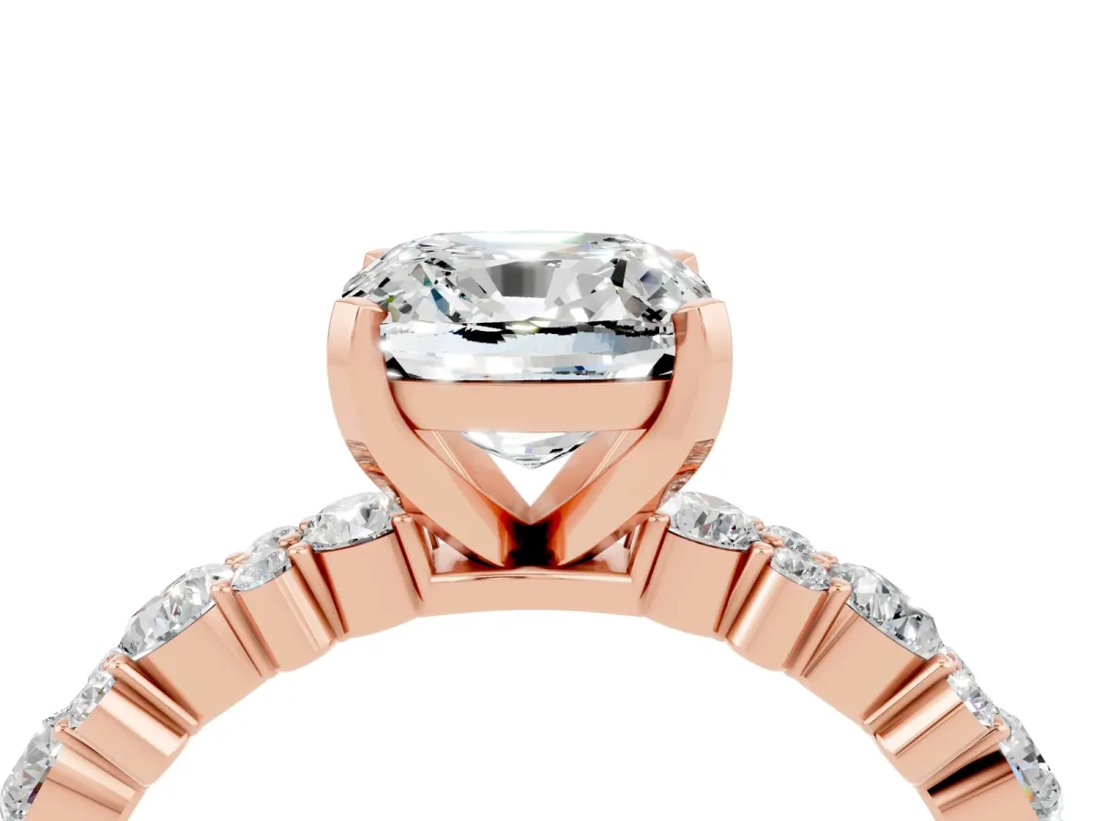 Cushion Cut Moissanite Side Stone Solitaire Ring with Round and Four-Prong Setting Rose gold
