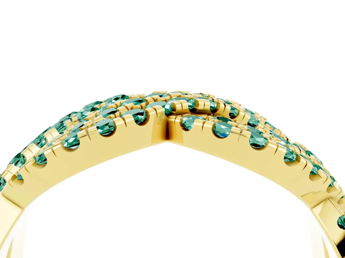 Pavé Round Green Sapphire Infinity Twist Band with Shared Prong Setting Yellow gold