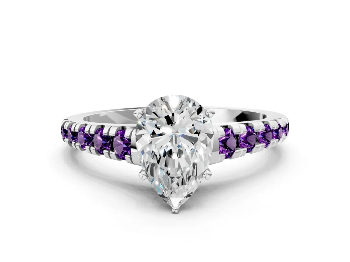 Pear Cut Diamond Cathedral Solitaire Ring with Round Amethyst Pavé Band Silver