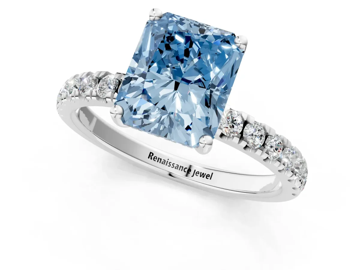 Fancy Blue Radiant Cut Diamond Pave Band Solitaire Ring with Round and Prong Setting Silver
