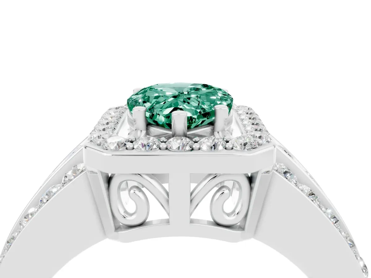 Pear Cut Halo Green Sapphire Ring with Round Split Shank and Prong Setting Platinum
