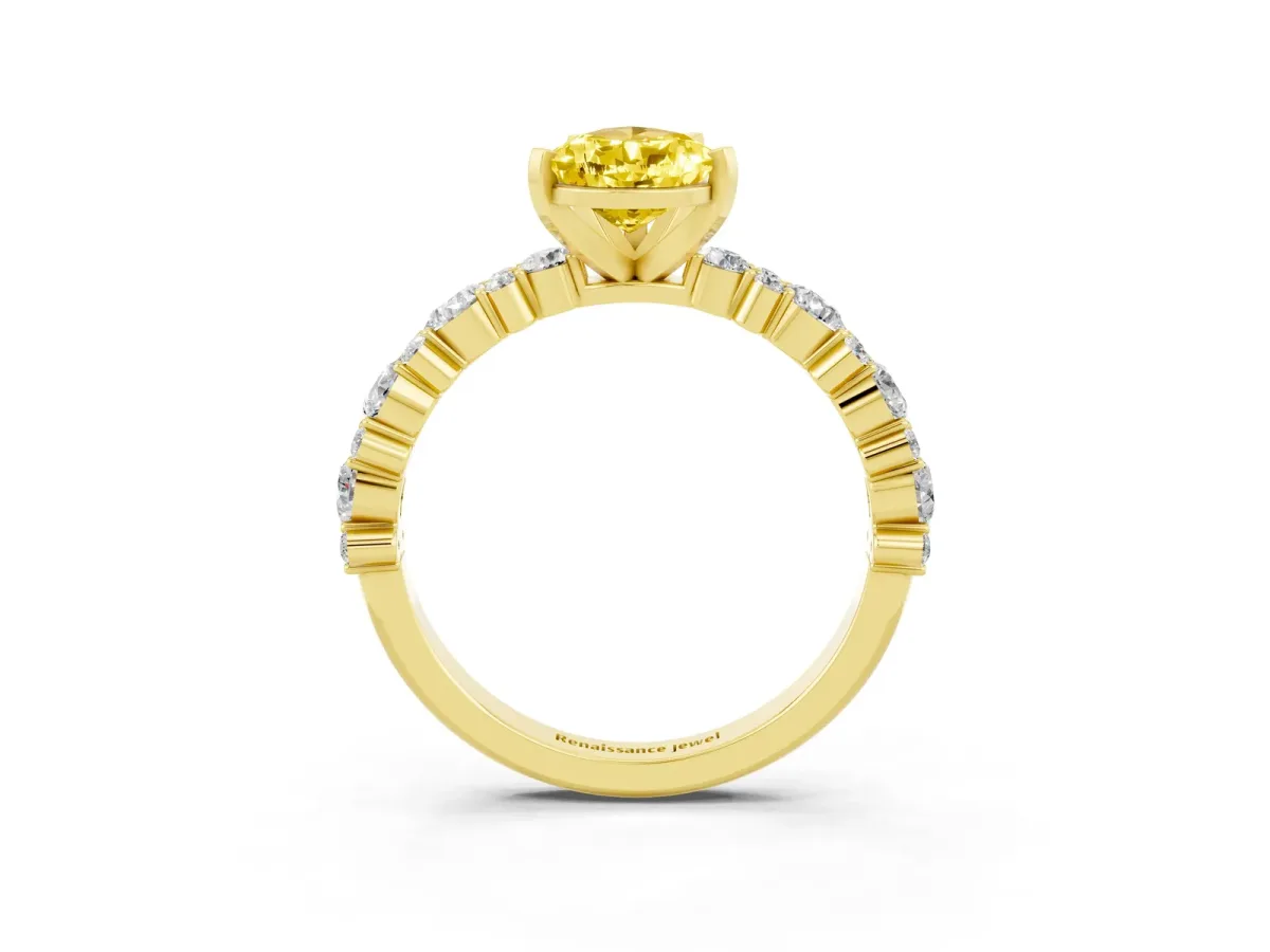 Pear Cut Yellow Sapphire Side Stone Solitaire Ring with Round and Four-Prong Setting Yellow gold