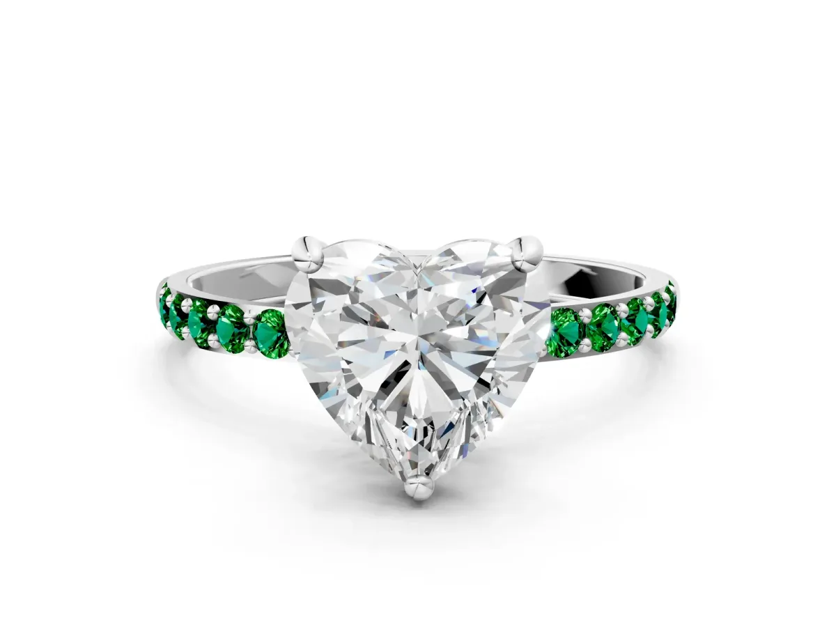 Heart Cut Diamond Solitaire Ring with Round Emerald Pavé Band and Prong Setting White gold
