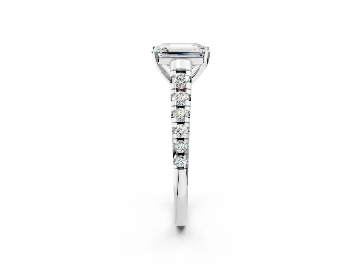 Emerald Cut Diamond Cathedral Solitaire Ring with Round Pavé Band Silver