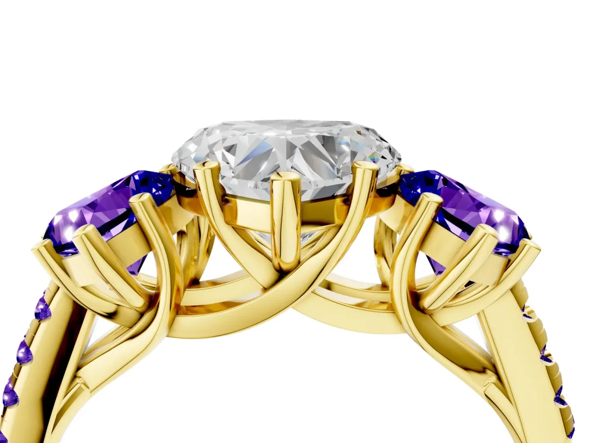 Three-Stone Heart Cut Diamond Ring with Round Tanzanite Pavé Band and Prong Setting Yellow gold