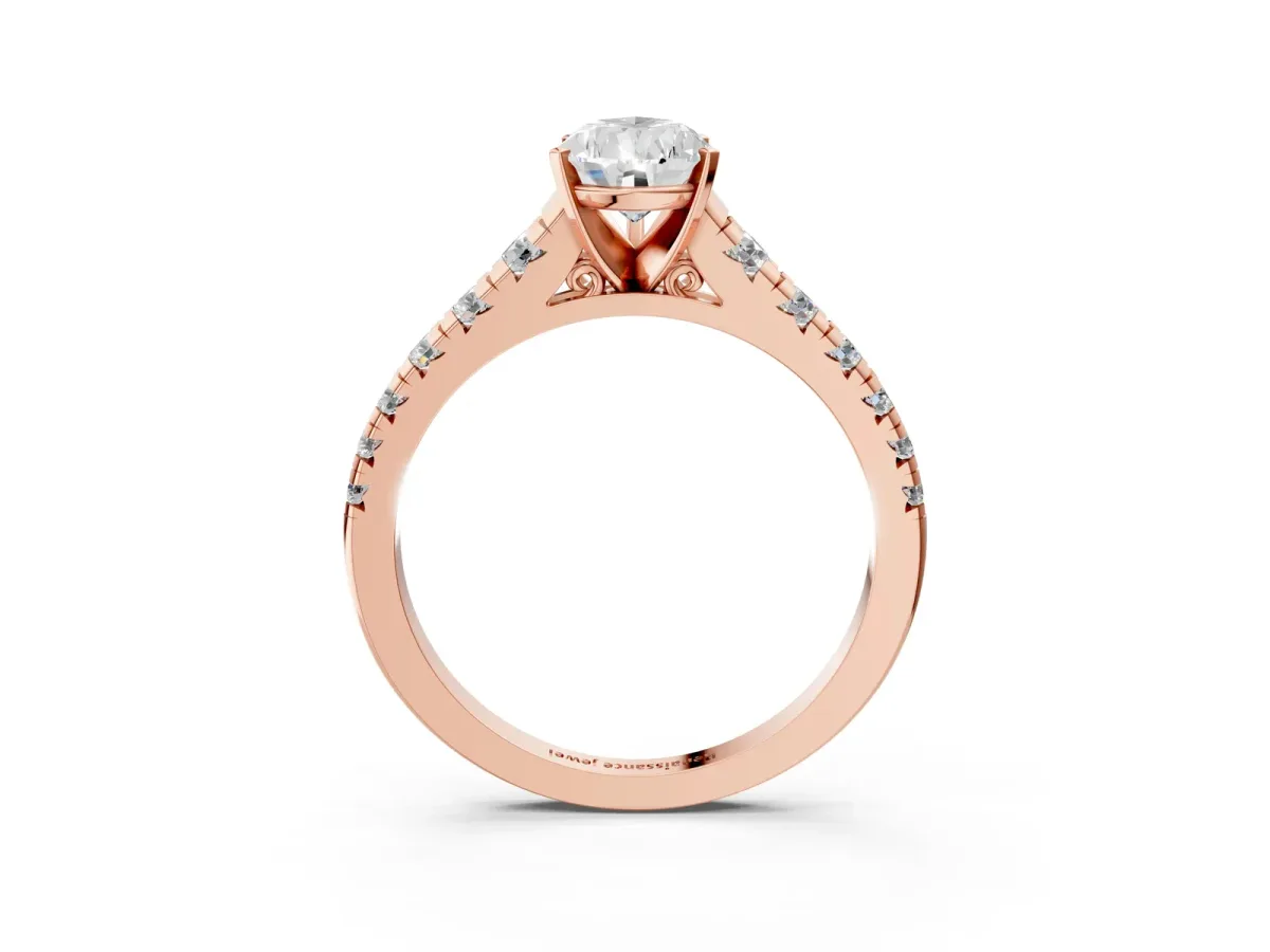 Pear Cut Diamond Cathedral Solitaire Ring with Round Pavé Band Rose gold