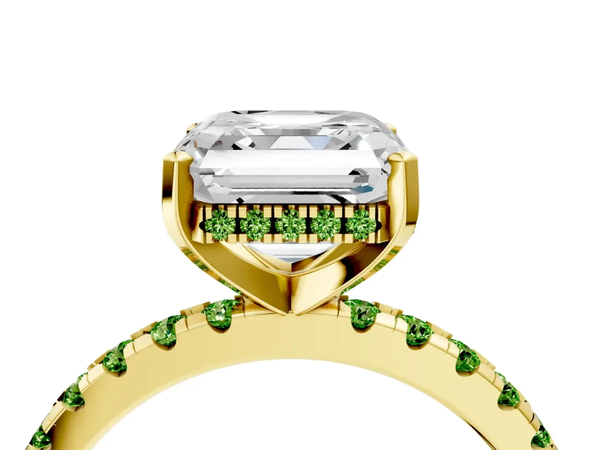Asscher Cut Diamond Solitaire Ring with Round Peridot Pavé Band and Four-Prong Setting Yellow gold