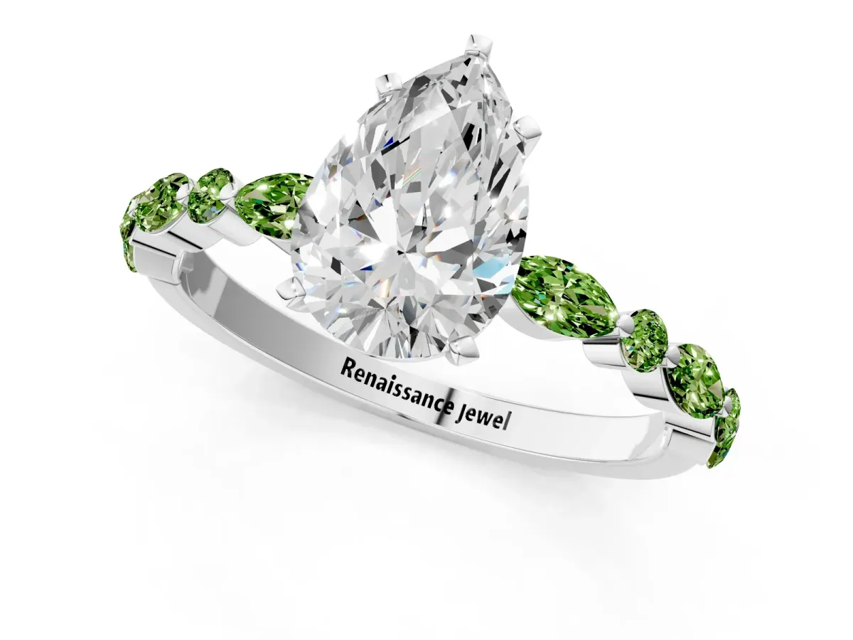 Pear Cut Diamond Ring with Marquise and Round Peridot Side Stones and Four-Prong Setting Platinum