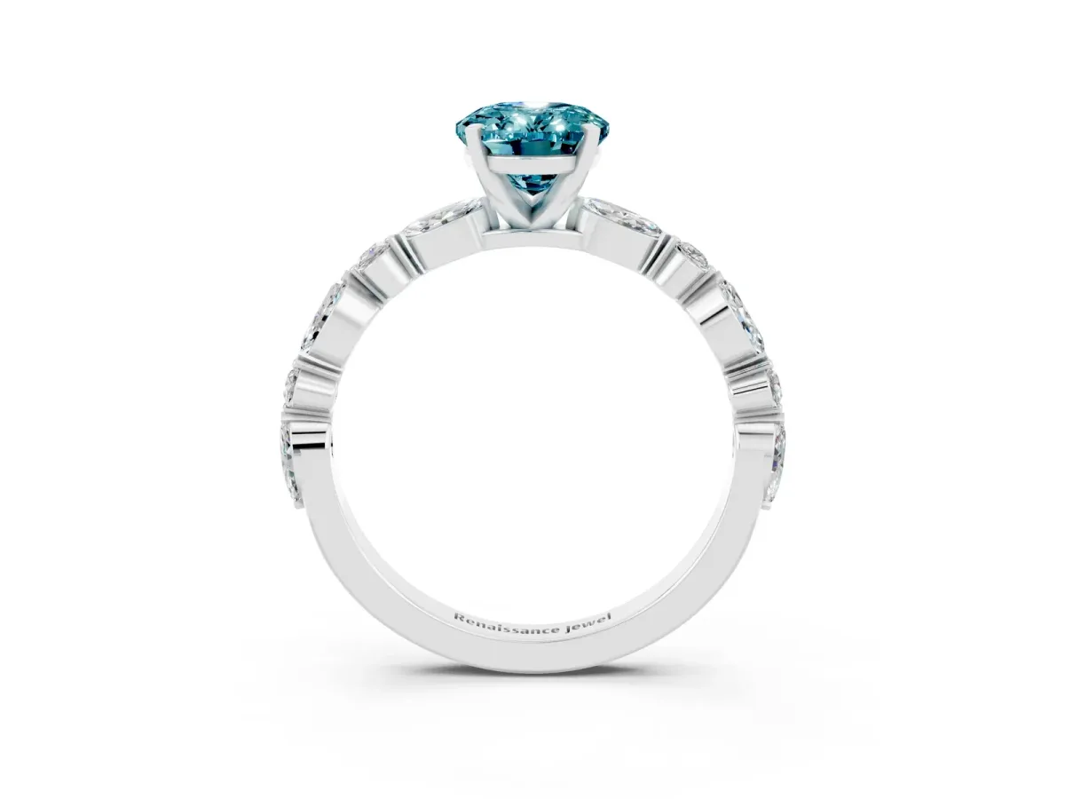 Oval Cut Blue Topaz Ring with Marquise and Round Side Stones and Four-Prong Setting Silver
