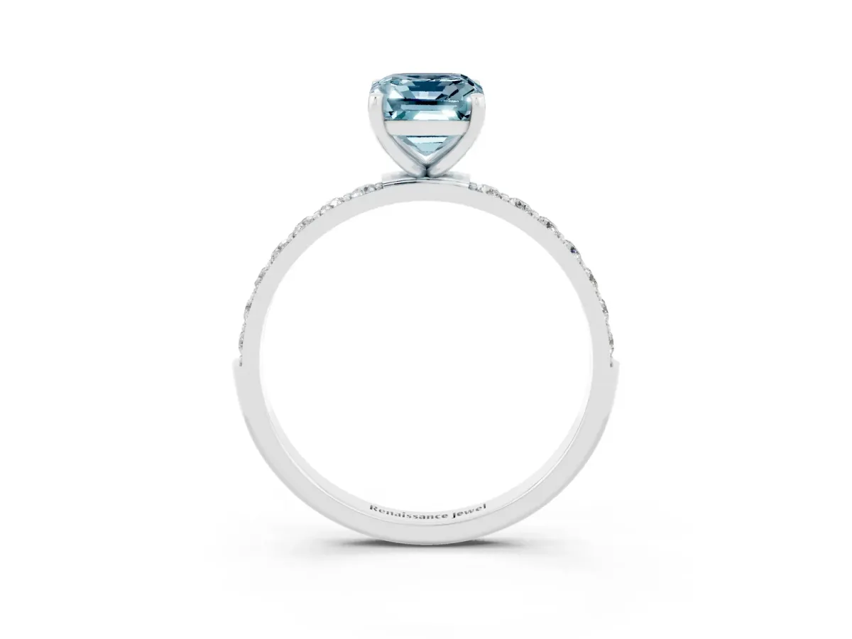 Emerald Cut Aquamarine Solitaire Ring with Round Pavé Band and Prong Setting Platinum