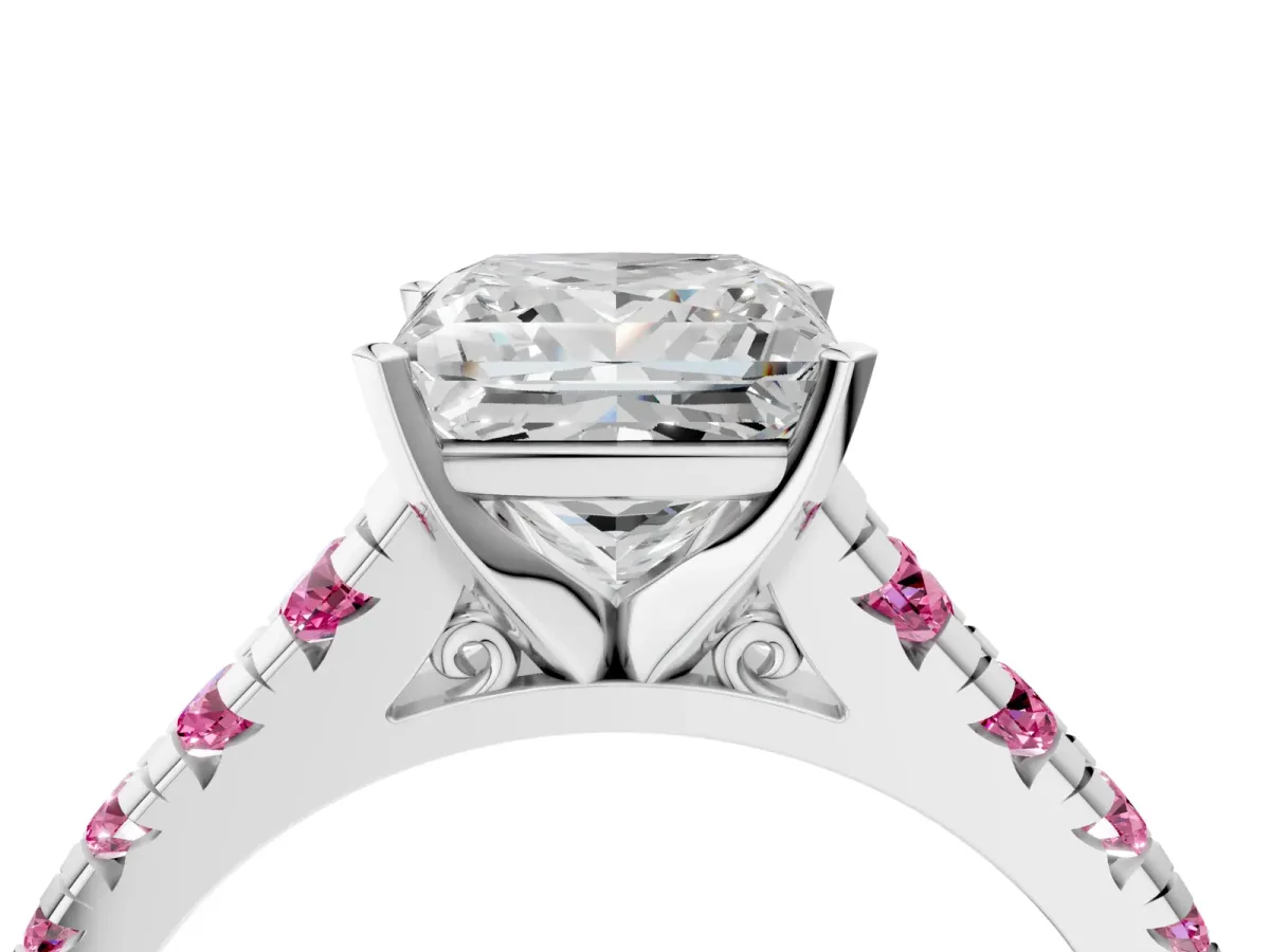 Princess Cut Diamond Cathedral Solitaire Ring with Round Pink Sapphire Pavé Band Silver
