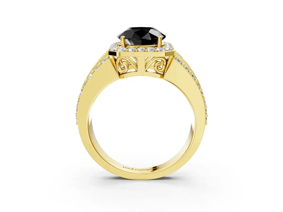 Fancy Black Round Cut Halo Diamond Ring with Round Split Shank and Prong Setting Yellow gold