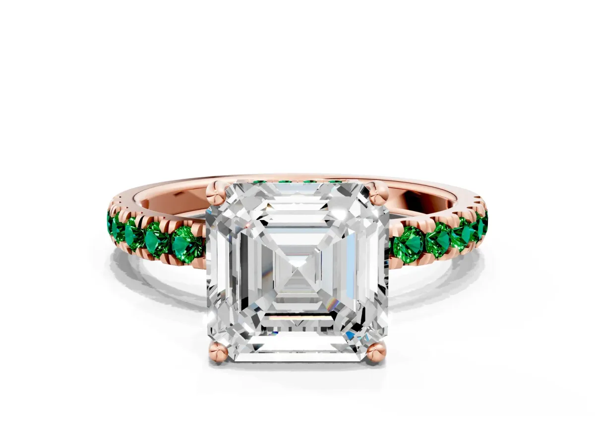 Asscher Cut Diamond Pave Band Solitaire Ring with Round Emerald and Prong Setting Rose gold