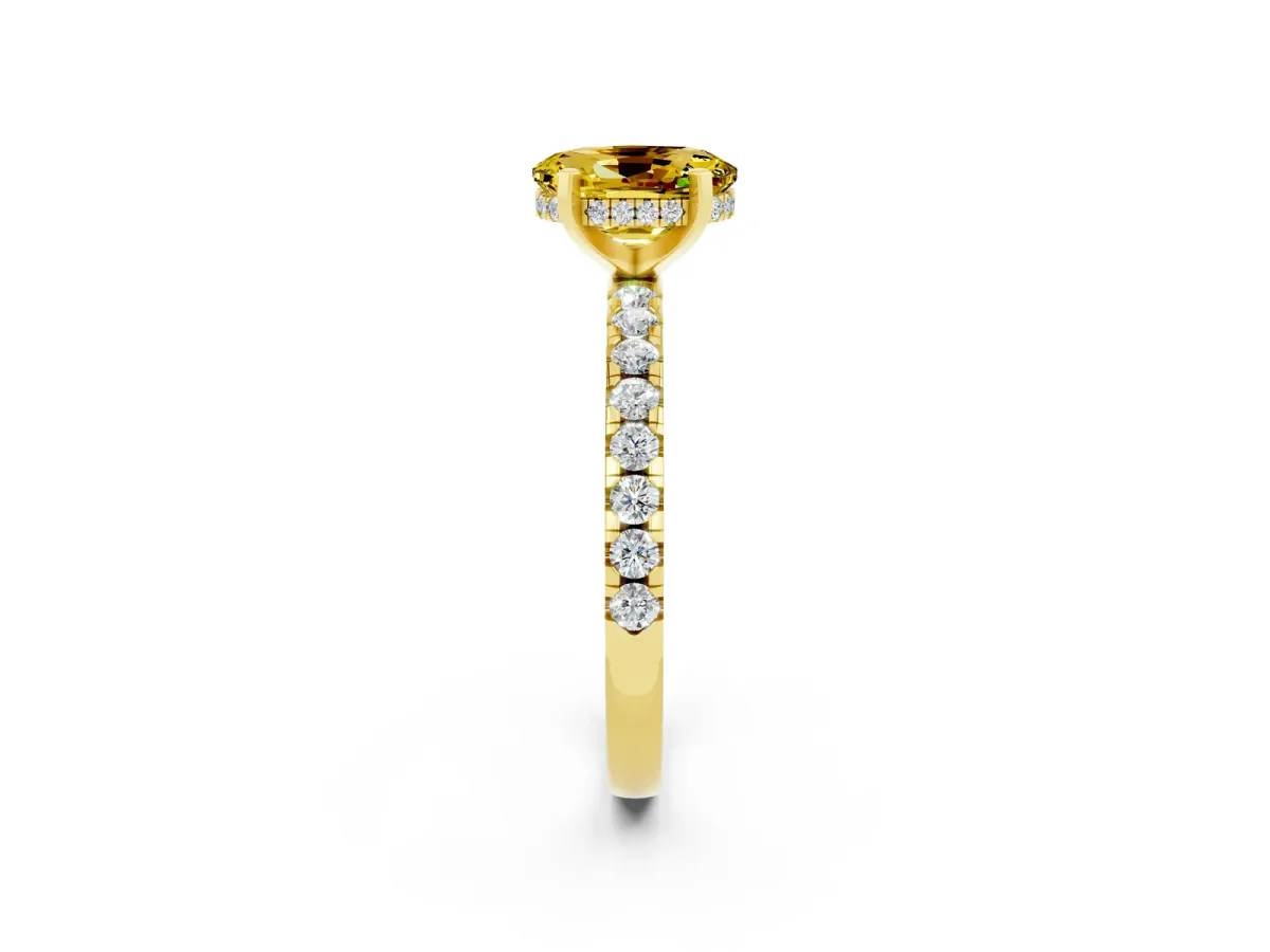 Oval Cut Yellow Sapphire Solitaire Ring with Round Pavé Band and Four-Prong Setting Yellow gold