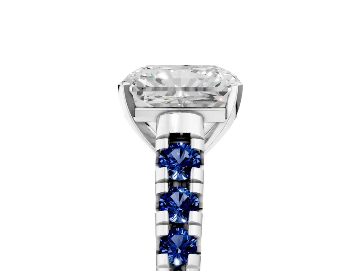 Radiant Cut Diamond Cathedral Solitaire Ring with Round Blue Sapphire Pavé Band Platinum