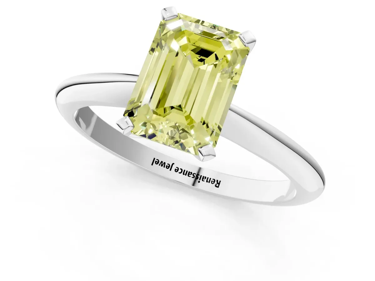 Fancy Yellow Emerald Cut Diamond Solitaire Engagement Ring with Classic Band and Four-Prong Setting White gold