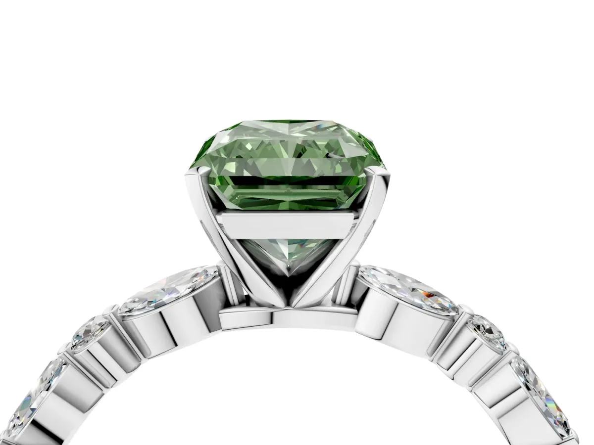 Fancy Green Radiant Cut Diamond Ring with Marquise and Round Side Stones and Four-Prong Setting Silver