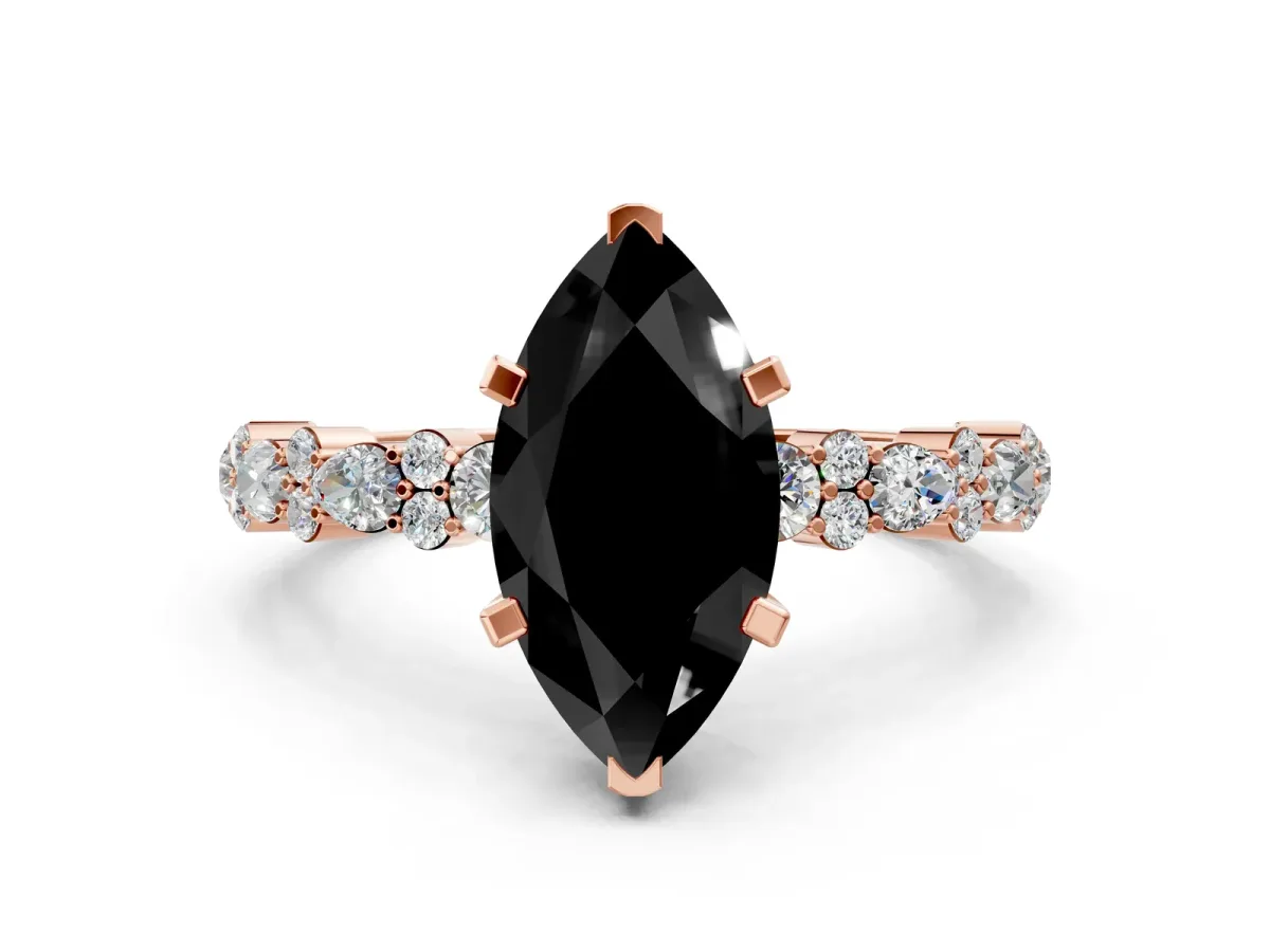 Fancy Black Marquise Cut Diamond Side Stone Solitaire Ring with Round and Four-Prong Setting Rose gold