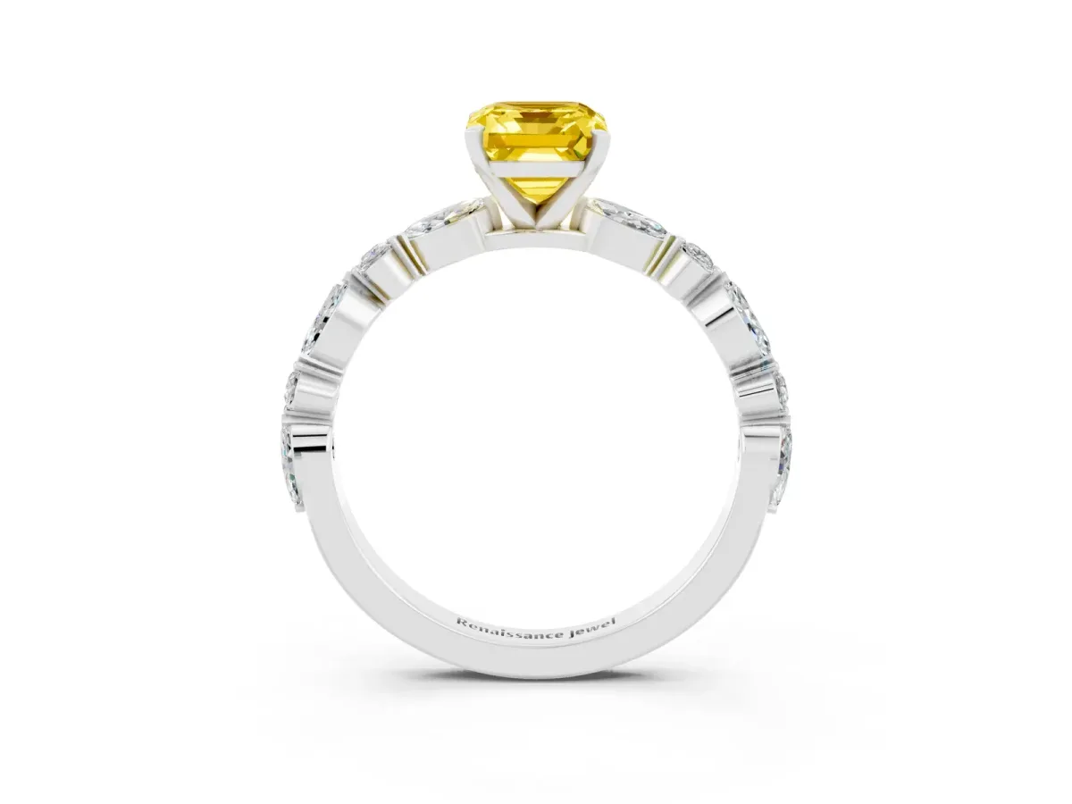 Emerald Cut Yellow Sapphire Ring with Marquise and Round Side Stones and Four-Prong Setting Platinum