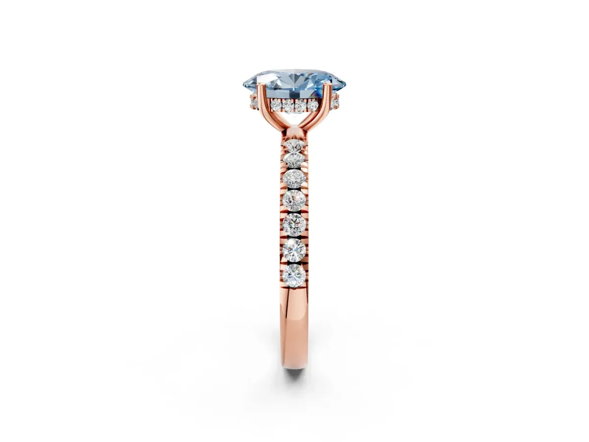 Fancy Blue Oval Cut Diamond Pave Band Solitaire Ring with Round and Prong Setting Rose gold
