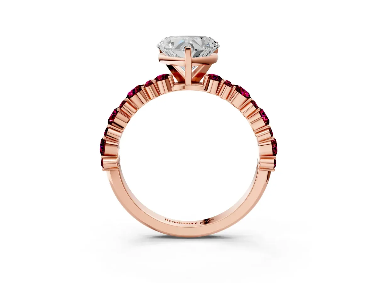 Heart Cut Diamond Side Stone Solitaire Ring with Round Garnet and Four-Prong Setting Rose gold