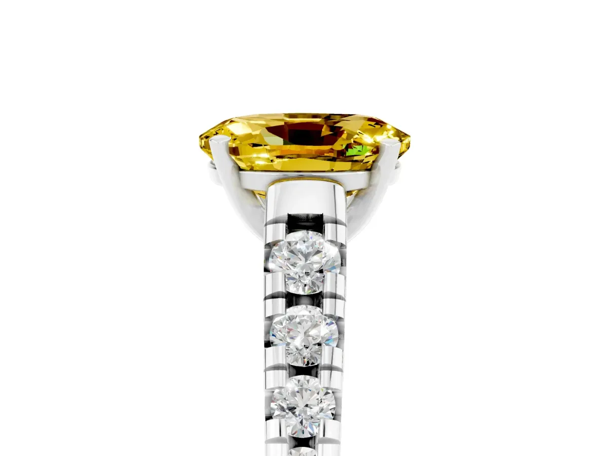 Oval Cut Yellow Sapphire Cathedral Solitaire Ring with Round Pavé Band Silver