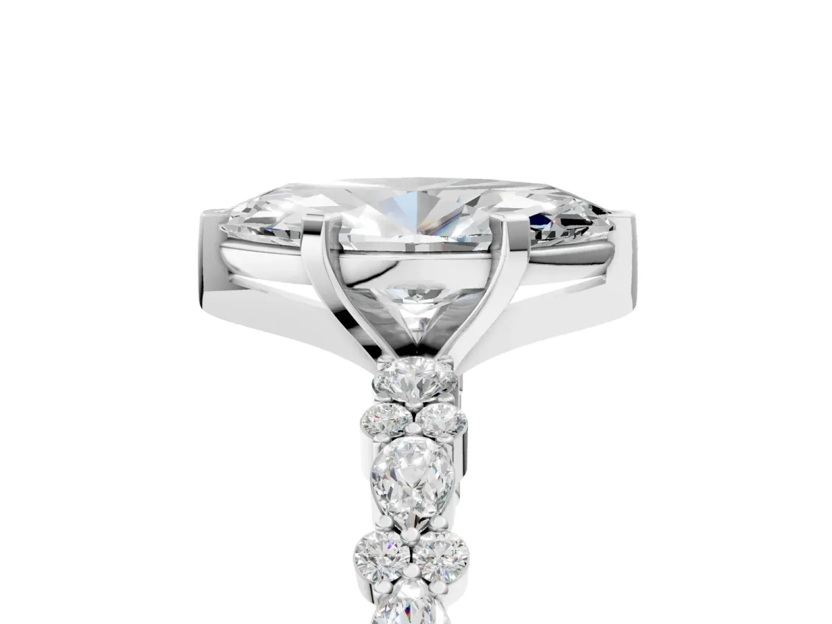 Marquise Cut Diamond Side Stone Solitaire Ring with Round Moissanite and Four-Prong Setting Platinum