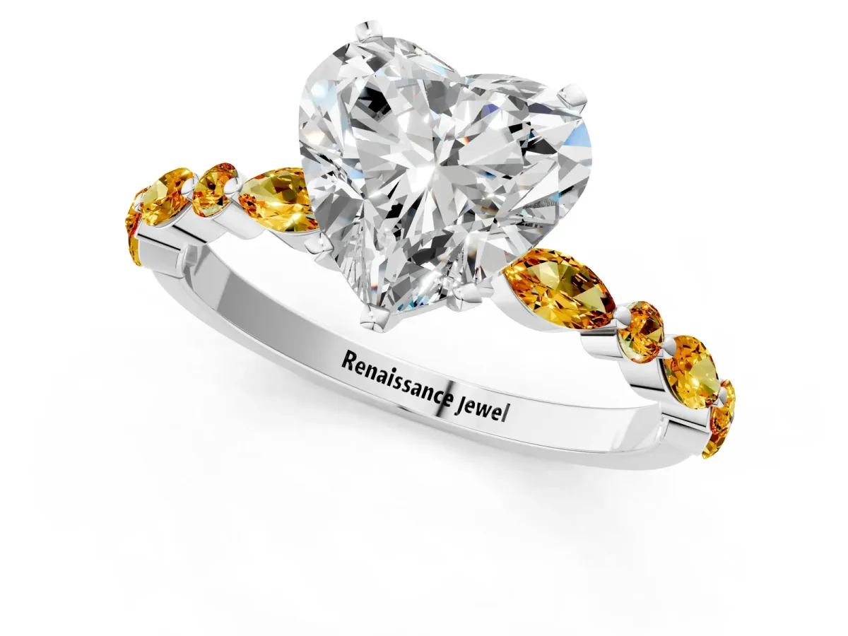 Heart Cut Diamond Ring with Marquise and Round Citrine Side Stones and Four-Prong Setting Silver