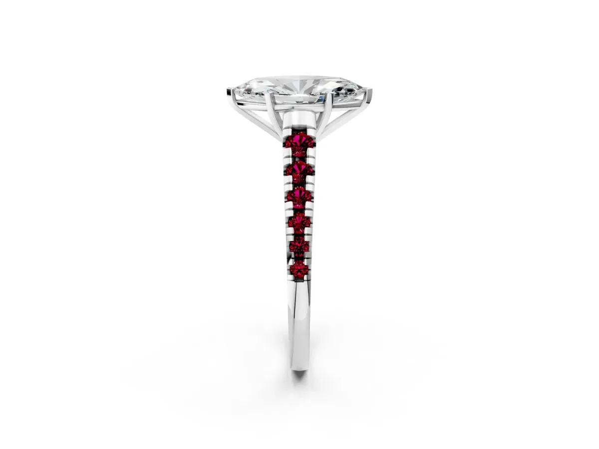 Marquise Cut Diamond Cathedral Solitaire Ring with Round Garnet Pavé Band Platinum
