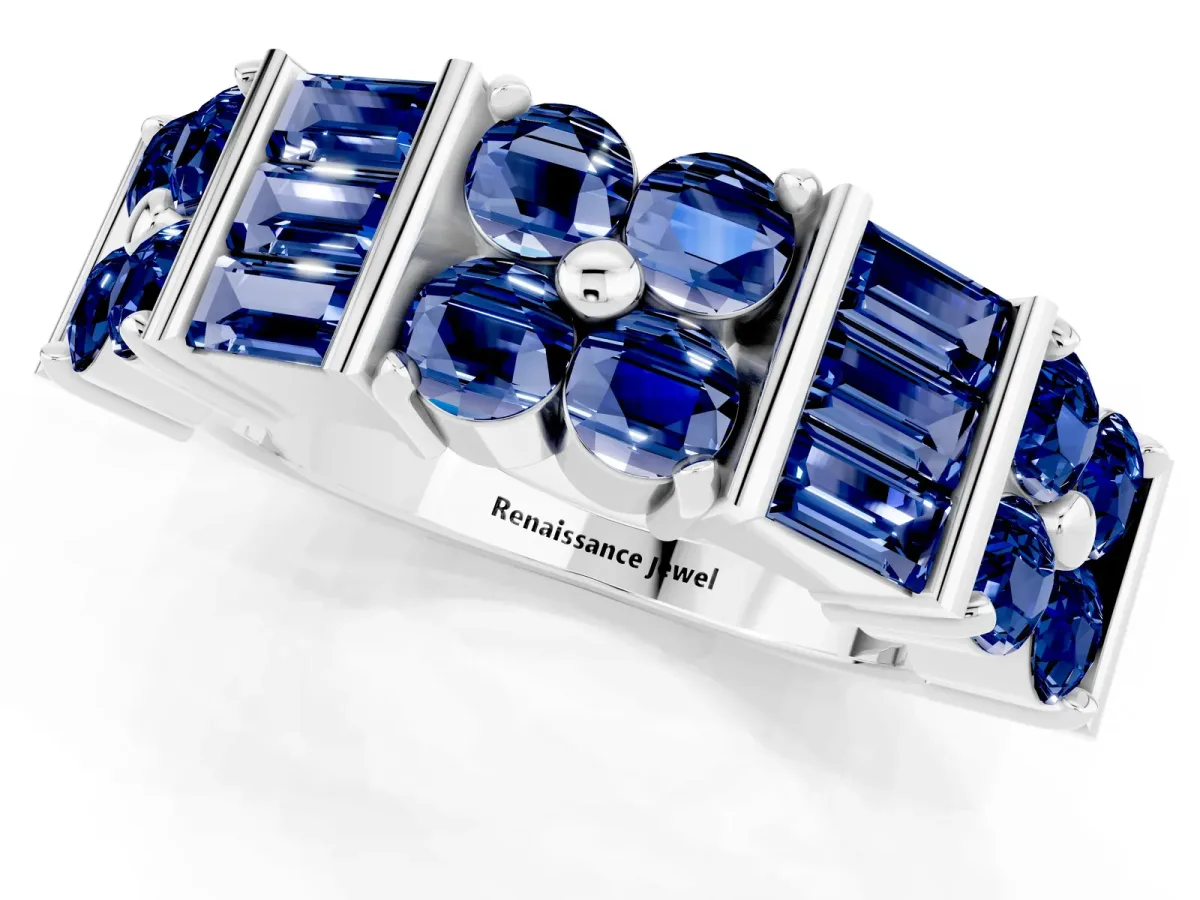 Channel Set Round and Baguette Blue Sapphire Anniversary Band with Prong Setting Silver