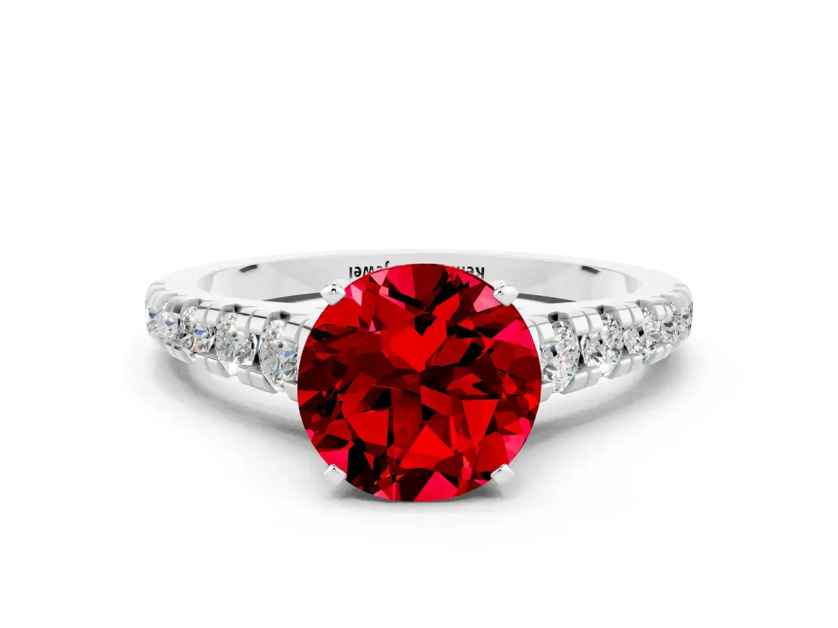 Round Cut Ruby Cathedral Solitaire Ring with Round Pavé Band Platinum