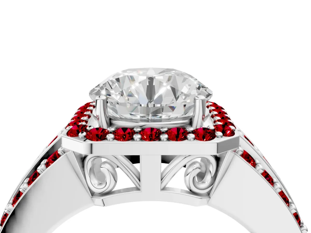 Round Cut Halo Diamond Ring with Round Ruby Split Shank and Prong Setting Platinum