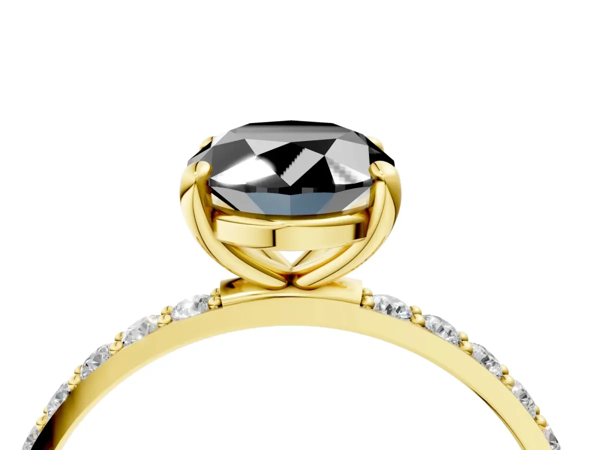 Fancy Black Oval Cut Diamond Solitaire Ring with Round Pavé Band and Prong Setting Yellow gold
