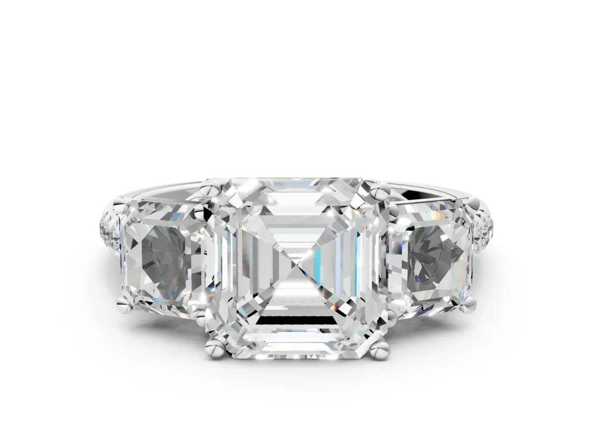 Three-Stone Asscher Cut Diamond Ring with Round Moissanite Pavé Band and Prong Setting White gold