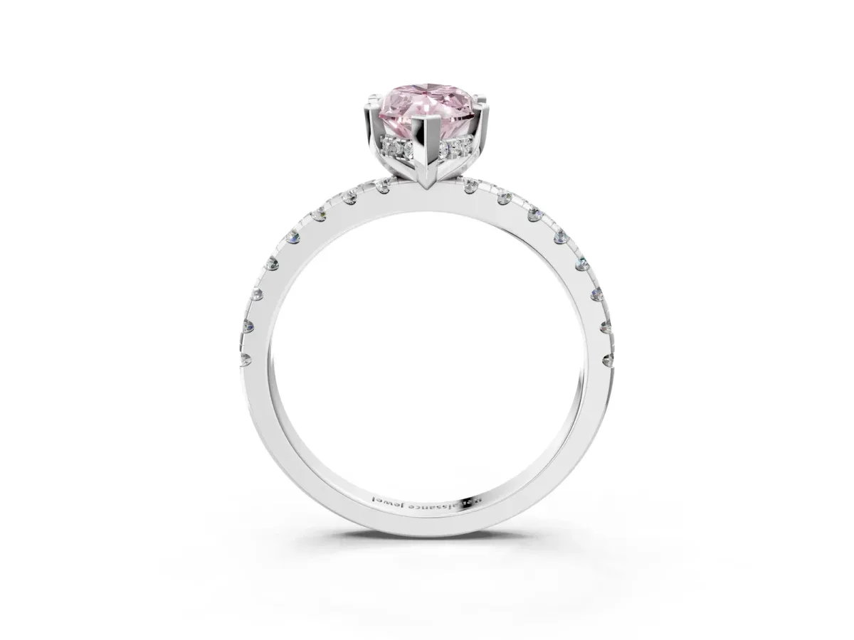Fancy Pink Marquise Cut Diamond Solitaire Ring with Round Pavé Band and Four-Prong Setting Silver