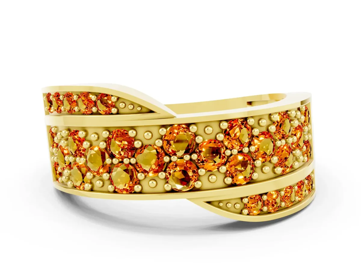 Pavé Round Citrine Crossover Band with Bead Prong Setting Yellow gold