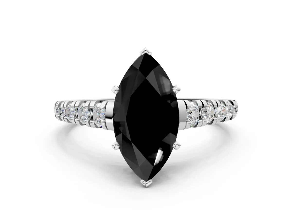 Fancy Black Marquise Cut Diamond Cathedral Solitaire Ring with Round Pavé Band Silver