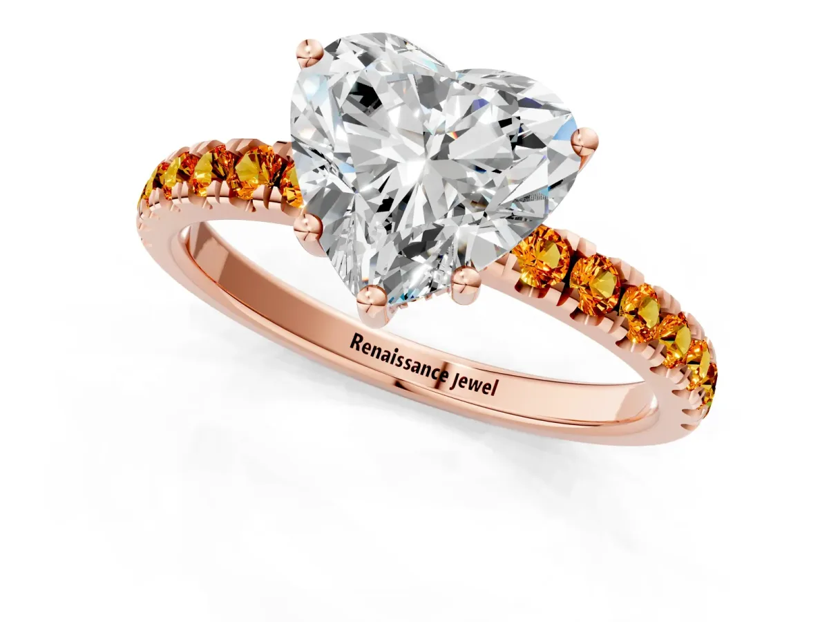Heart Cut Diamond Pave Band Solitaire Ring with Round Citrine and Prong Setting Rose gold