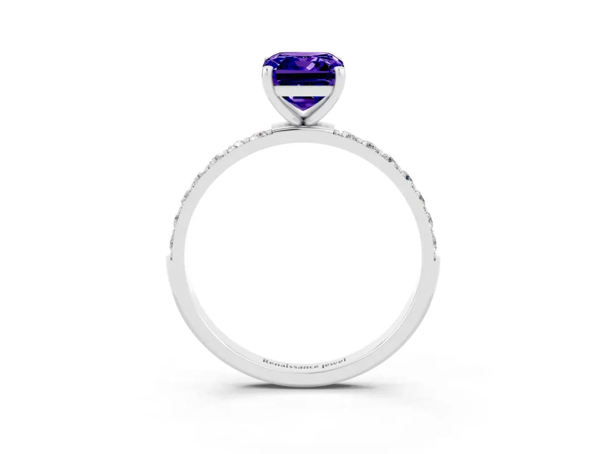 Emerald Cut Tanzanite Solitaire Ring with Round Pavé Band and Prong Setting Platinum