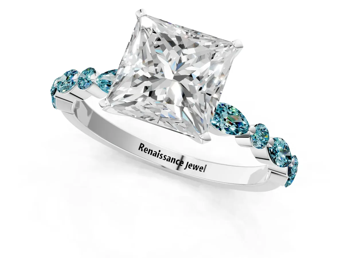 Princess Cut Diamond Ring with Marquise and Round Blue Topaz Side Stones and Four-Prong Setting Silver