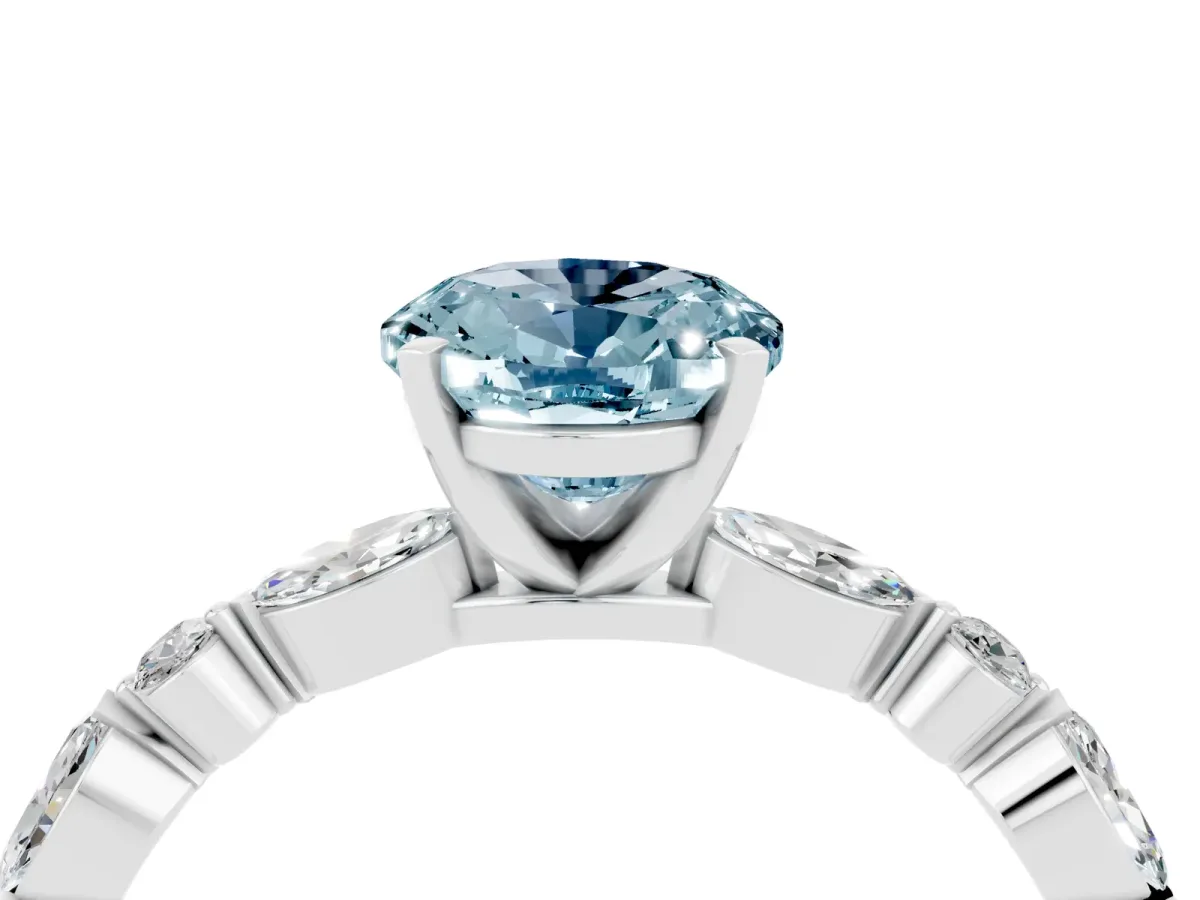 Oval Cut Aquamarine Ring with Marquise and Round Side Stones and Four-Prong Setting Silver