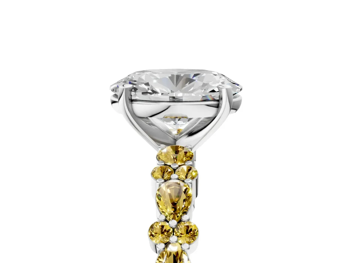 Oval Cut Diamond Side Stone Solitaire Ring with Round Yellow Sapphire and Four-Prong Setting White gold