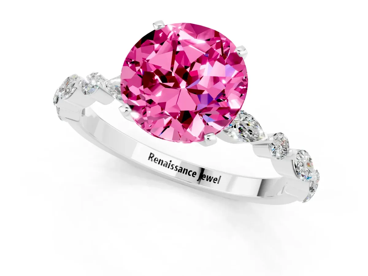 Round Cut Pink Sapphire Ring with Marquise and Round Side Stones and Four-Prong Setting Silver